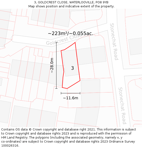 3, GOLDCREST CLOSE, WATERLOOVILLE, PO8 9YB: Plot and title map