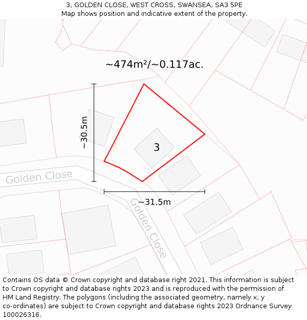 3, GOLDEN CLOSE, WEST CROSS, SWANSEA, SA3 5PE: Plot and title map