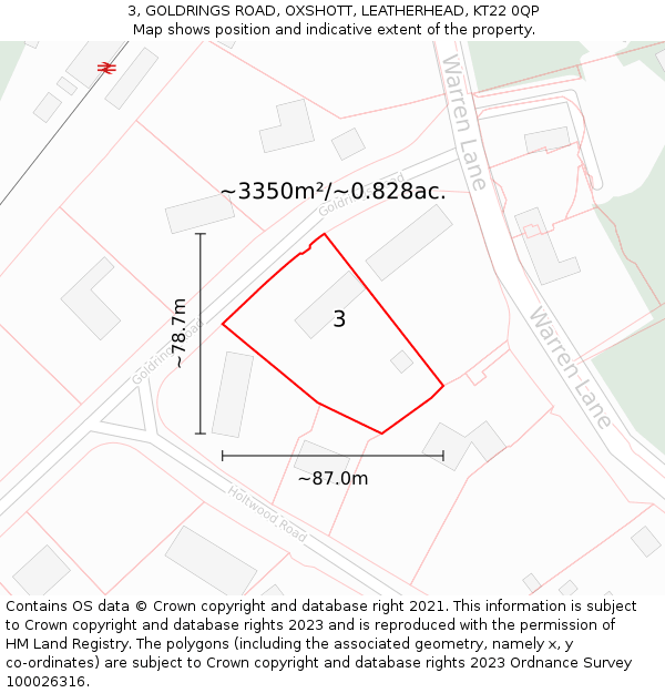 3, GOLDRINGS ROAD, OXSHOTT, LEATHERHEAD, KT22 0QP: Plot and title map