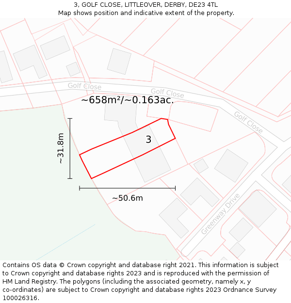 3, GOLF CLOSE, LITTLEOVER, DERBY, DE23 4TL: Plot and title map