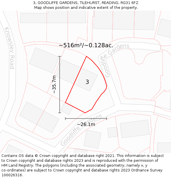 3, GOODLIFFE GARDENS, TILEHURST, READING, RG31 6FZ: Plot and title map