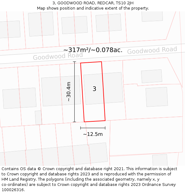 3, GOODWOOD ROAD, REDCAR, TS10 2JH: Plot and title map