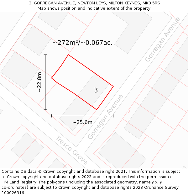 3, GORREGAN AVENUE, NEWTON LEYS, MILTON KEYNES, MK3 5RS: Plot and title map