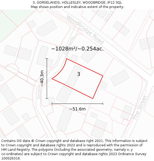 3, GORSELANDS, HOLLESLEY, WOODBRIDGE, IP12 3QL: Plot and title map