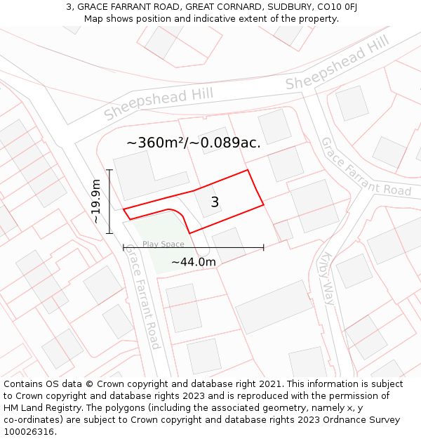 3, GRACE FARRANT ROAD, GREAT CORNARD, SUDBURY, CO10 0FJ: Plot and title map