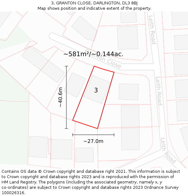 3, GRANTON CLOSE, DARLINGTON, DL3 8BJ: Plot and title map