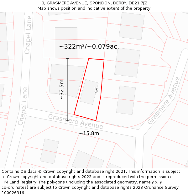 3, GRASMERE AVENUE, SPONDON, DERBY, DE21 7JZ: Plot and title map