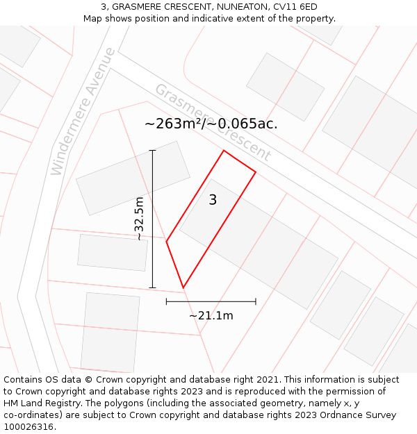 3, GRASMERE CRESCENT, NUNEATON, CV11 6ED: Plot and title map