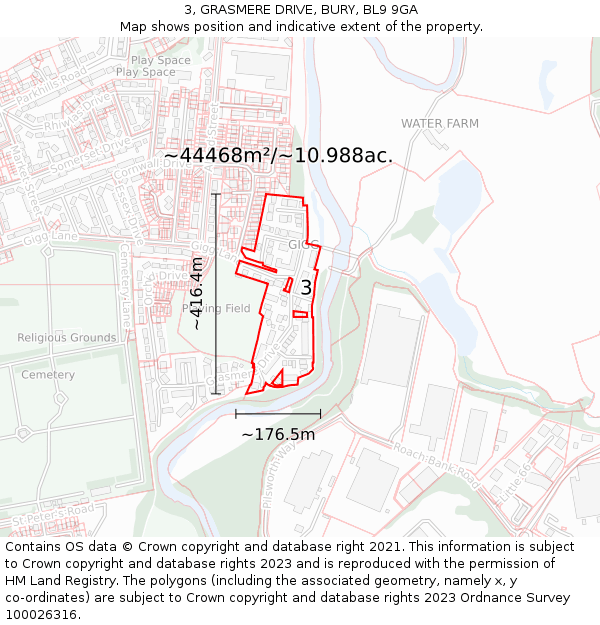 3, GRASMERE DRIVE, BURY, BL9 9GA: Plot and title map