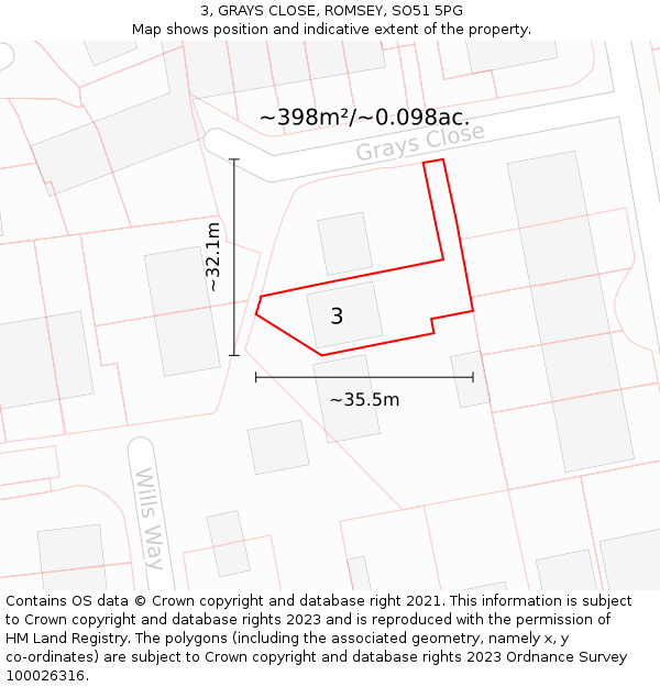 3, GRAYS CLOSE, ROMSEY, SO51 5PG: Plot and title map