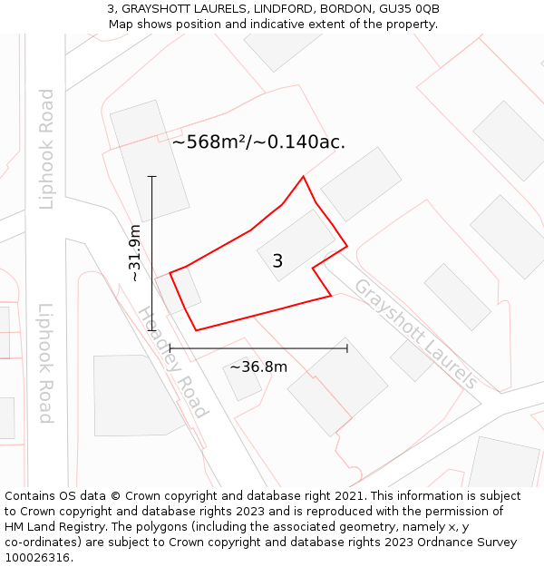 3, GRAYSHOTT LAURELS, LINDFORD, BORDON, GU35 0QB: Plot and title map
