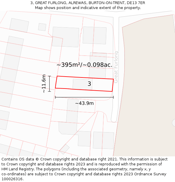 3, GREAT FURLONG, ALREWAS, BURTON-ON-TRENT, DE13 7ER: Plot and title map