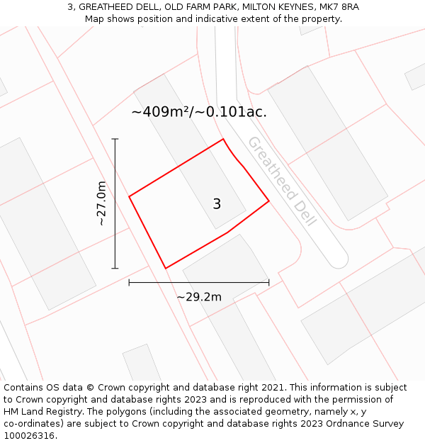 3, GREATHEED DELL, OLD FARM PARK, MILTON KEYNES, MK7 8RA: Plot and title map