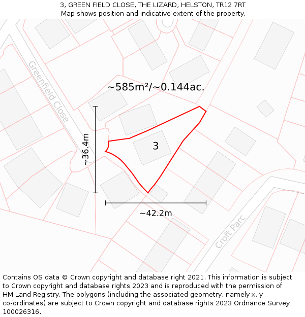 3, GREEN FIELD CLOSE, THE LIZARD, HELSTON, TR12 7RT: Plot and title map