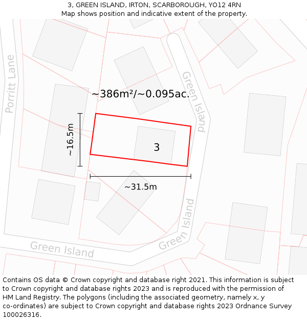 3, GREEN ISLAND, IRTON, SCARBOROUGH, YO12 4RN: Plot and title map