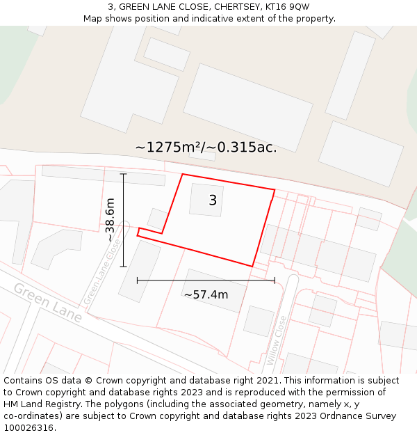 3, GREEN LANE CLOSE, CHERTSEY, KT16 9QW: Plot and title map