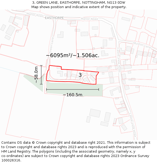 3, GREEN LANE, EASTHORPE, NOTTINGHAM, NG13 0DW: Plot and title map