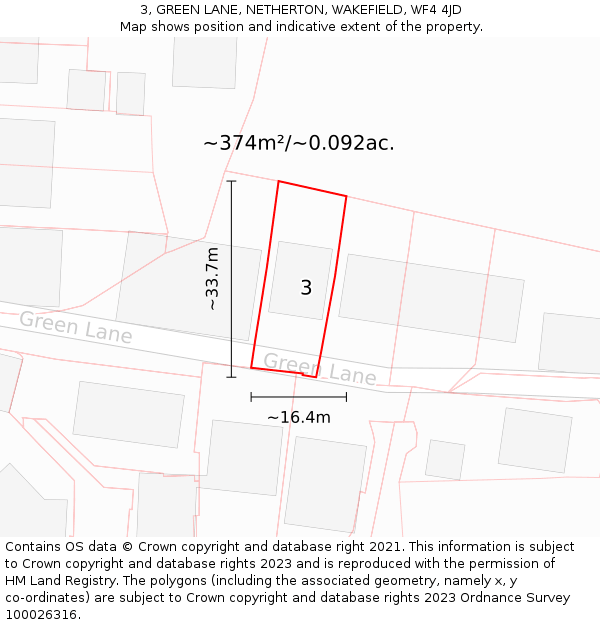 3, GREEN LANE, NETHERTON, WAKEFIELD, WF4 4JD: Plot and title map