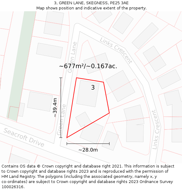 3, GREEN LANE, SKEGNESS, PE25 3AE: Plot and title map