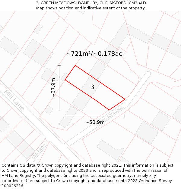 3, GREEN MEADOWS, DANBURY, CHELMSFORD, CM3 4LD: Plot and title map