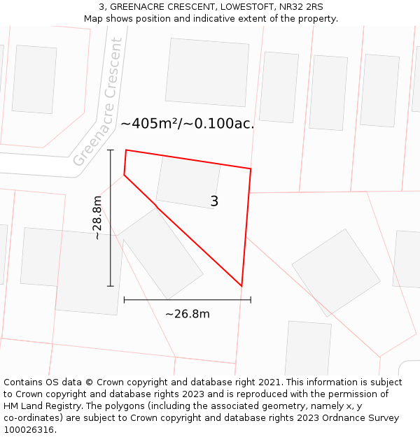 3, GREENACRE CRESCENT, LOWESTOFT, NR32 2RS: Plot and title map