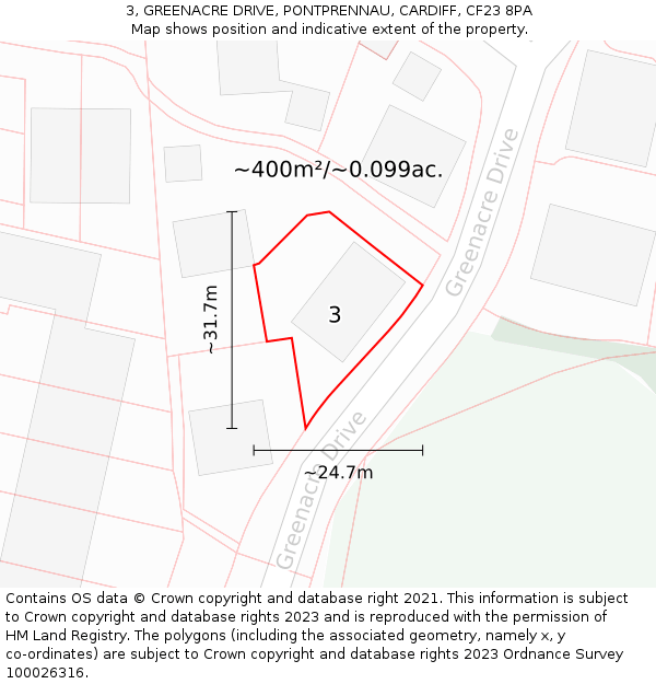 3, GREENACRE DRIVE, PONTPRENNAU, CARDIFF, CF23 8PA: Plot and title map