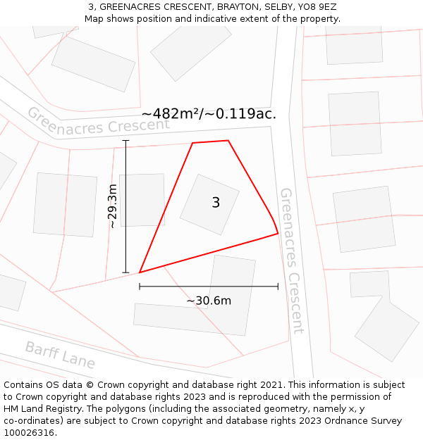 3, GREENACRES CRESCENT, BRAYTON, SELBY, YO8 9EZ: Plot and title map