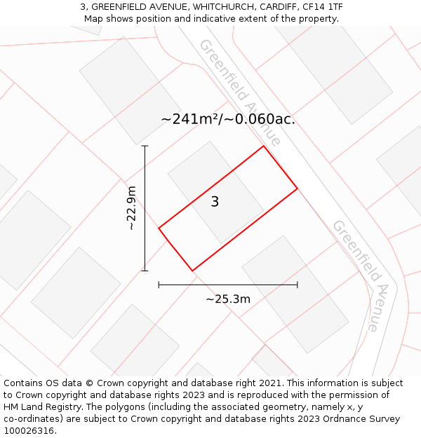 3, GREENFIELD AVENUE, WHITCHURCH, CARDIFF, CF14 1TF: Plot and title map