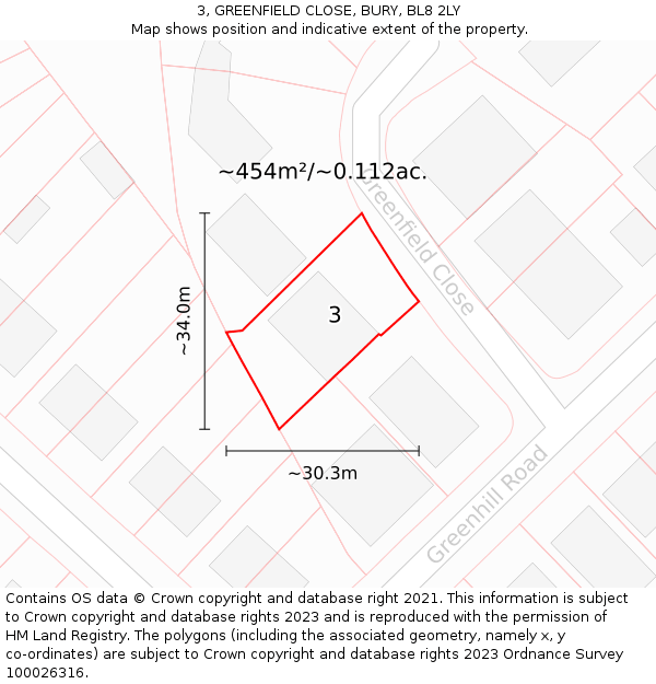 3, GREENFIELD CLOSE, BURY, BL8 2LY: Plot and title map