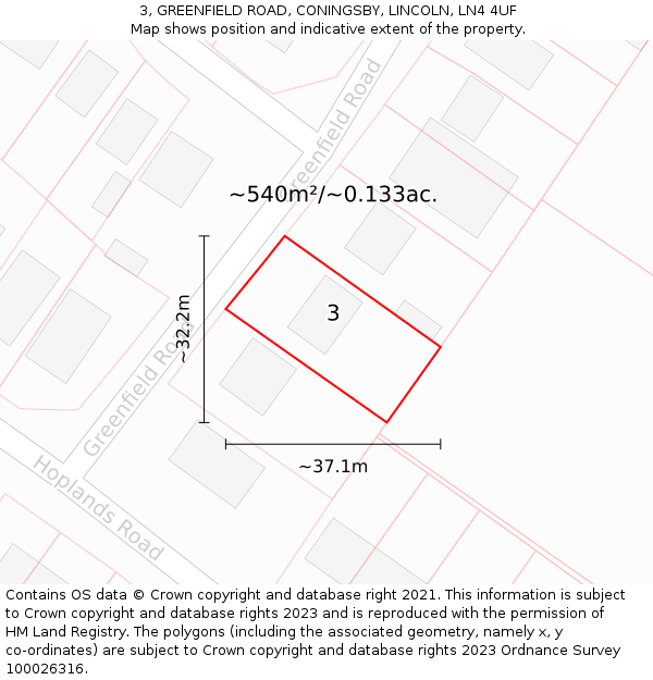 3, GREENFIELD ROAD, CONINGSBY, LINCOLN, LN4 4UF: Plot and title map