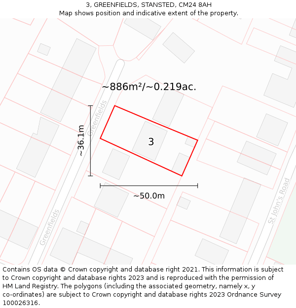3, GREENFIELDS, STANSTED, CM24 8AH: Plot and title map