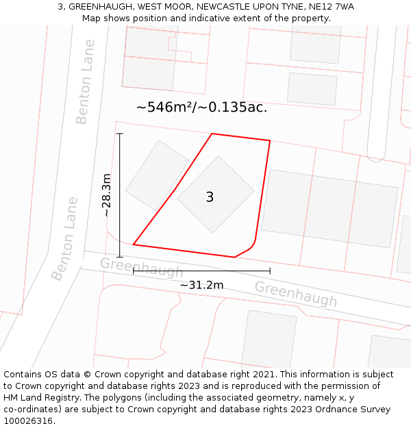 3, GREENHAUGH, WEST MOOR, NEWCASTLE UPON TYNE, NE12 7WA: Plot and title map