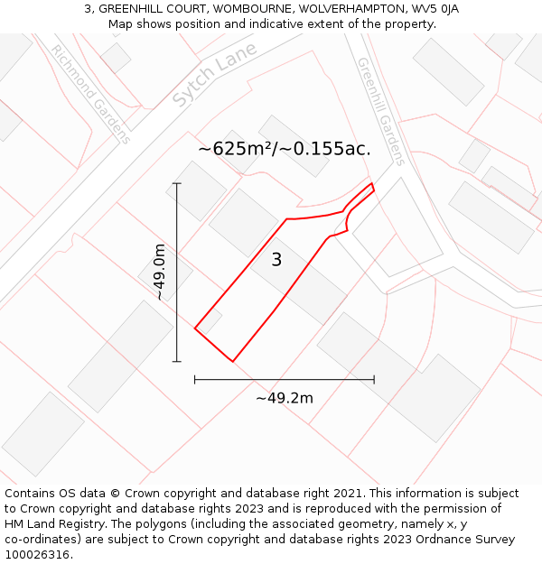 3, GREENHILL COURT, WOMBOURNE, WOLVERHAMPTON, WV5 0JA: Plot and title map