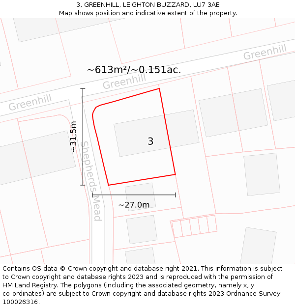 3, GREENHILL, LEIGHTON BUZZARD, LU7 3AE: Plot and title map