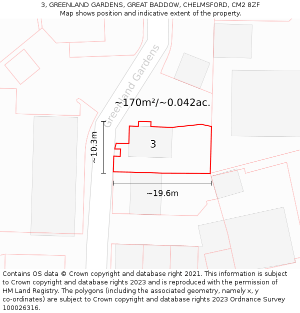 3, GREENLAND GARDENS, GREAT BADDOW, CHELMSFORD, CM2 8ZF: Plot and title map