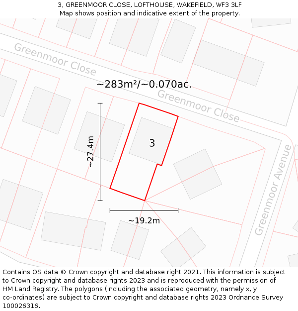 3, GREENMOOR CLOSE, LOFTHOUSE, WAKEFIELD, WF3 3LF: Plot and title map