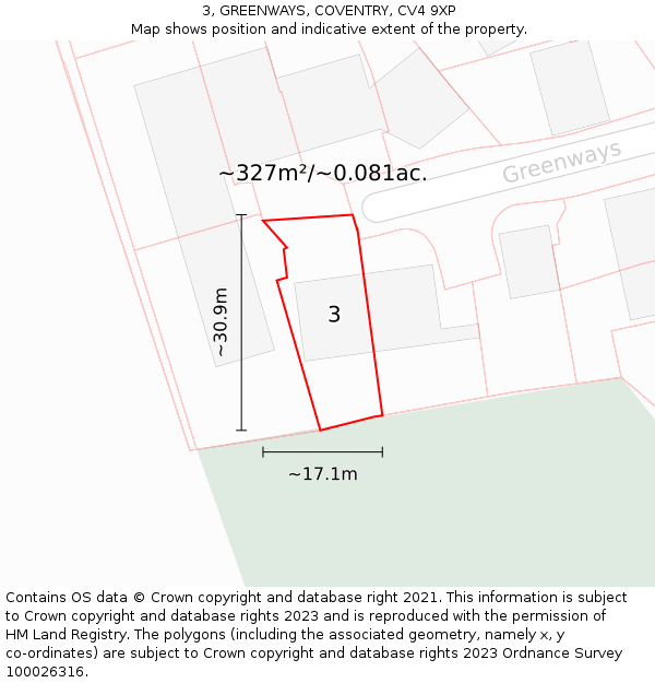 3, GREENWAYS, COVENTRY, CV4 9XP: Plot and title map
