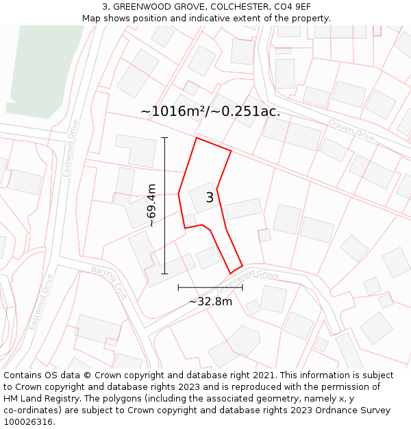 3, GREENWOOD GROVE, COLCHESTER, CO4 9EF: Plot and title map