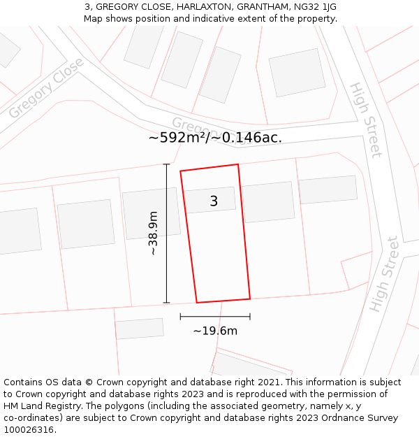 3, GREGORY CLOSE, HARLAXTON, GRANTHAM, NG32 1JG: Plot and title map
