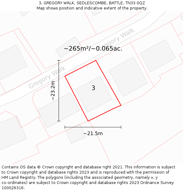 3, GREGORY WALK, SEDLESCOMBE, BATTLE, TN33 0QZ: Plot and title map