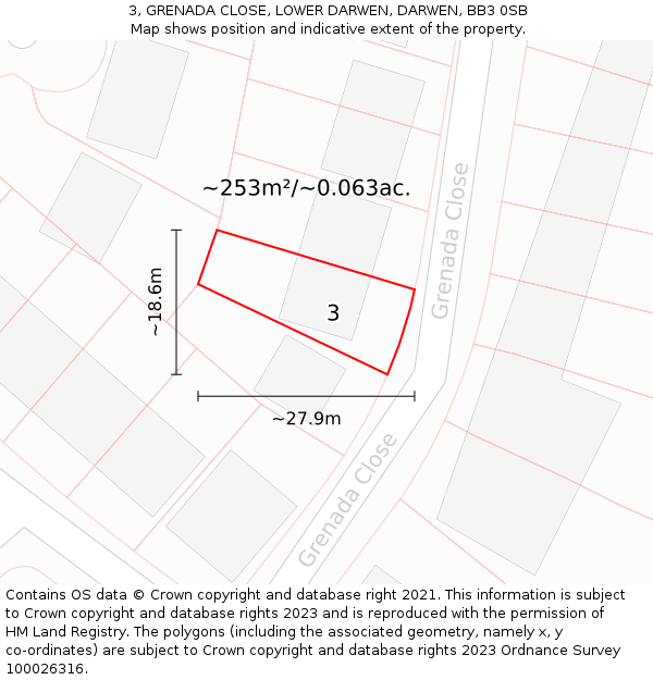 3, GRENADA CLOSE, LOWER DARWEN, DARWEN, BB3 0SB: Plot and title map