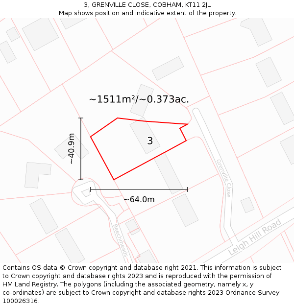 3, GRENVILLE CLOSE, COBHAM, KT11 2JL: Plot and title map