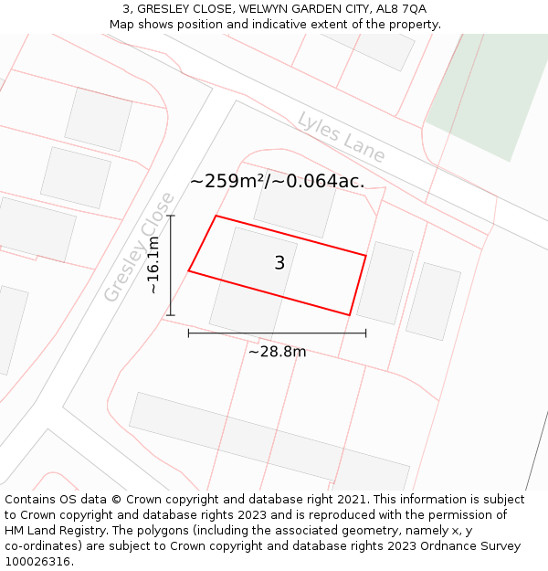 3, GRESLEY CLOSE, WELWYN GARDEN CITY, AL8 7QA: Plot and title map