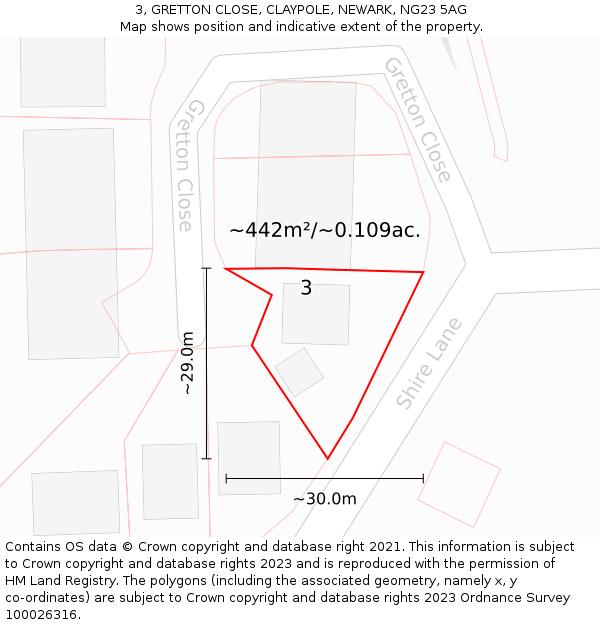 3, GRETTON CLOSE, CLAYPOLE, NEWARK, NG23 5AG: Plot and title map
