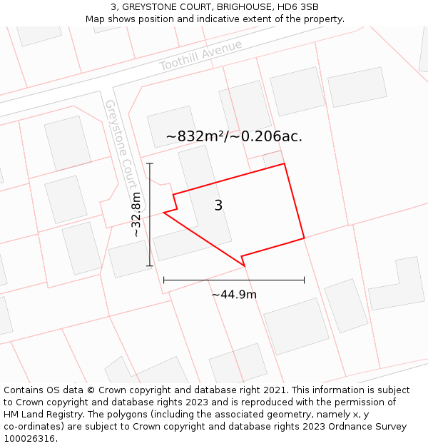 3, GREYSTONE COURT, BRIGHOUSE, HD6 3SB: Plot and title map