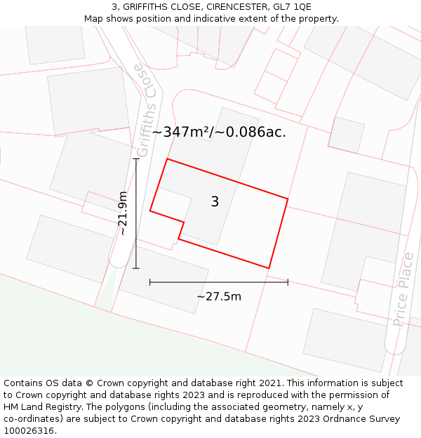 3, GRIFFITHS CLOSE, CIRENCESTER, GL7 1QE: Plot and title map