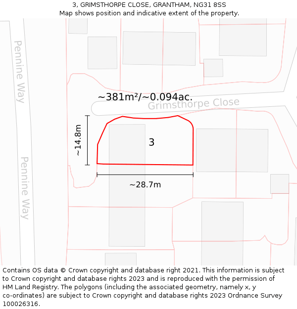 3, GRIMSTHORPE CLOSE, GRANTHAM, NG31 8SS: Plot and title map