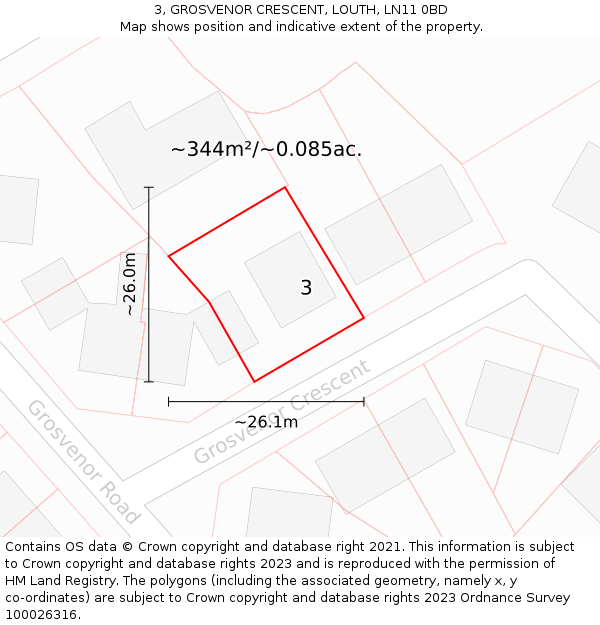 3, GROSVENOR CRESCENT, LOUTH, LN11 0BD: Plot and title map