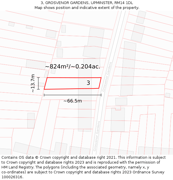 3, GROSVENOR GARDENS, UPMINSTER, RM14 1DL: Plot and title map
