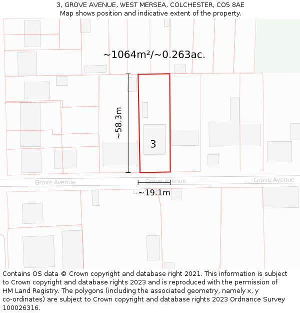 3, GROVE AVENUE, WEST MERSEA, COLCHESTER, CO5 8AE: Plot and title map